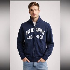 Y2K Abercrombie & Fitch Full Zip Sweatshirt Men Medium Blue Logo Mock Neck FLAW